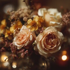 Poster - Close-up Bouquet of Peach and Yellow Flowers in Soft Warm Light With Vintage Aesthetic, Representing Romance and Elegant Celebration : Generative AI