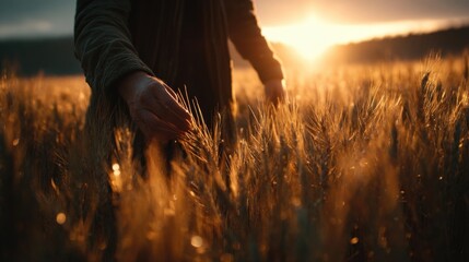 Aufkleber - Hand Touching Wheat at Golden Hour Sunset in Field, Representing Agriculture and Sustainable Farming Practices With a Focus on Harvest and Rural Landscape : Generative AI