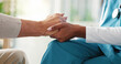 © BuyOutFelix02/peopleimages.com - Nurse, holding hands or elderly patient with empathy for comfort, healthcare or consultation at retirement home. Closeup, doctor or caregiver with touch for support, assisted living or sympathy