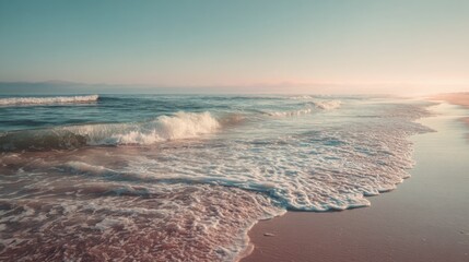 Poster - Ocean Waves Gently Washing Ashore on a Sandy Beach at Sunset, Evoking Tranquility and Coastal Beauty for Travel and Nature Concepts : Generative AI