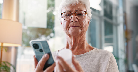 Aufkleber - Elderly woman, research and medication with phone for telehealth, information or prescription at home. Senior, female person or patient with mobile smartphone or pills for symptoms or side effects
