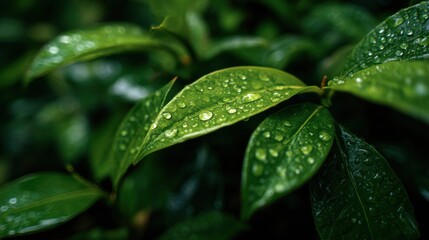 Poster - Close-Up of Green Leaves Covered in Raindrops, Showcasing Nature's Beauty and Tranquility for Environmental Awareness Campaigns : Generative AI