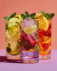 Aufkleber - Assortment of Bright Fruit Infused Drinks with Ice and Mint Garnishes in Glasses, Capturing Refreshment and Healthy Summer Beverage Ideas : Generative AI
