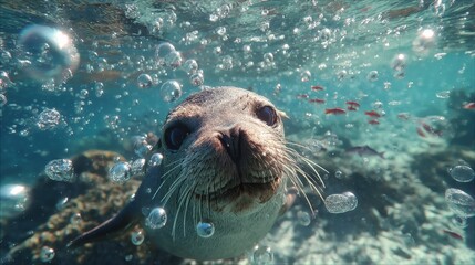 Poster - Smiling Seal Swimming Underwater With Bubbles and Small Fish, Representing Marine Life and Ocean Conservation : Generative AI