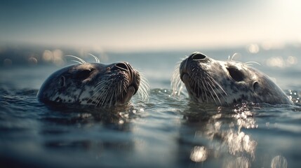 Poster - Two Harbor Seals Swimming in the Ocean Under Sunlight, Demonstrating Wildlife Conservation and Marine Life Exploration : Generative AI