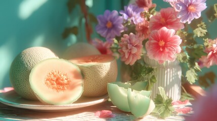Poster - Vibrant Cantaloupe Melons and Slices Arranged on a Plate and Table with Colorful Flowers, Capturing the Essence of Summer Freshness and Healthy Lifestyle : Generative AI