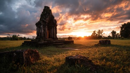 Poster - Ancient Stone Temple at Sunset Over Grassy Field, Representing Travel Destination and Historical Exploration With Warm Light : Generative AI