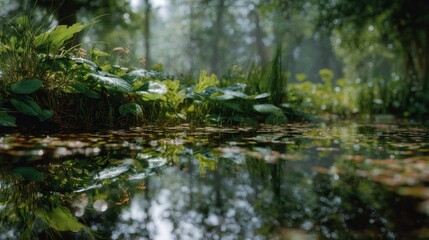 Aufkleber - Lush Greenery Reflecting in Calm Pond Water, Evoking Natural Beauty and Tranquility for Environmental Awareness Campaigns and Serene Nature Getaways : Generative AI