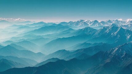 Poster - Layered Mountain Ranges Receding into Misty Distance with Snow Capped Peaks Under Clear Sky, Capturing Vastness and Tranquility of Nature Landscape : Generative AI