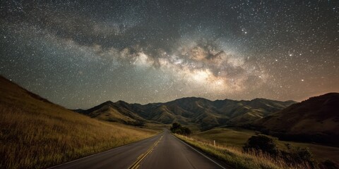 Poster - Milky Way Galaxy Spans Across Dark Night Sky Over Winding Road and Rolling Hills, Capturing the Vastness of Space and a Sense of Journey and Exploration : Generative AI
