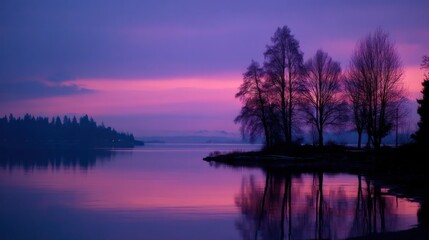 Poster - Peaceful Sunset Over Calm Lake With Silhouetted Trees Reflecting Vibrant Purple Sky, Representing Tranquility and Nature Beauty : Generative AI