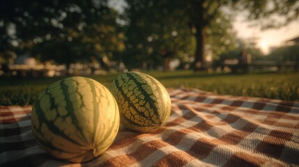 Poster - Two Fresh Watermelons Resting on a Rustic Picnic Blanket Under Warm Sunset Light in a Park Setting, Evoking Summer Leisure and Healthy Eating Concepts : Generative AI