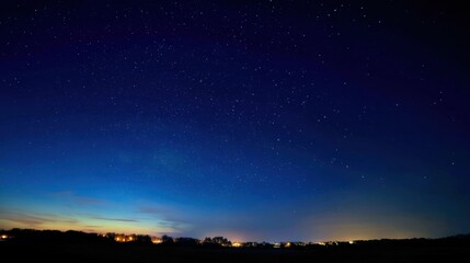 Poster - Deep Blue Starry Night Sky Over Horizon With Silhouette Trees and Distant City Lights, Capturing Cosmic Exploration and Peaceful Tranquility for Backgrounds and Concepts : Generative AI