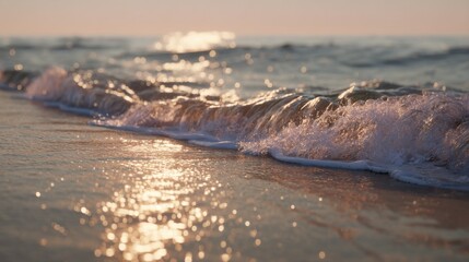 Poster - Gentle Wave Rolling onto Sandy Beach at Sunset, Evoking Serenity and a Sense of Coastal Escape for Travel and Tourism Marketing : Generative AI
