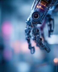 Aufkleber - Detailed Robot Arm Reaching Down in Blue Tones, Symbolizing Technological Advancement and Artificial Intelligence in Future Tech and Innovation : Generative AI