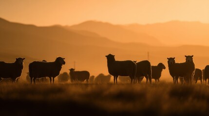 Aufkleber - Silhouette of Sheep Grazing at Sunrise in Rural Pasture, Evoking Tranquility and Agricultural Heritage, Ideal for Themes of Farming and Sustainable Living : Generative AI