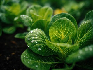 Poster - Close-Up of Bok Choy Leaves With Water Droplets, Showcasing Freshness and Organic Farming Practices for Healthy Eating and Sustainable Agriculture : Generative AI