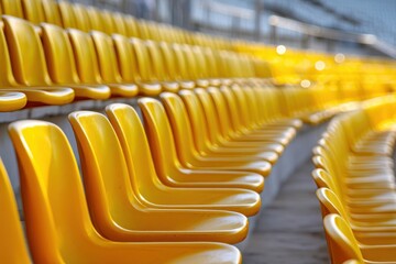 Fototapete - Bright Yellow Empty Seats in Rows at an Outdoor Stadium Arena, Symbolizing Anticipation and Large Scale Event Preparation : Generative AI