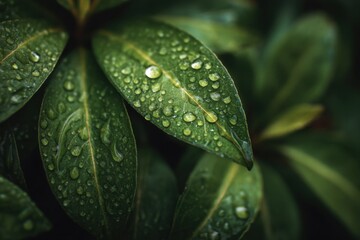 Poster - Close-Up of Lush Green Leaves Covered in Raindrops, Evoking Freshness and Natural Beauty for Eco-Consciousness and Environmental Awareness Campaigns : Generative AI