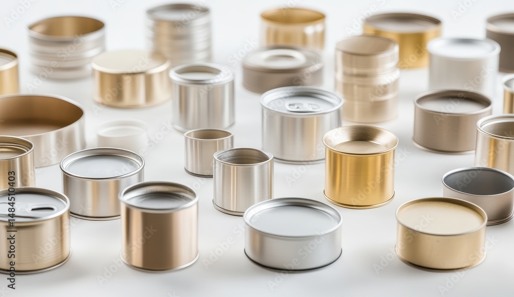 Assortment of metallic containers in various sizes and finishes Stock ...
