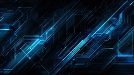 Futuristic blue circuit lines on geometric tech background, symbolizing digital innovation and advanced technology