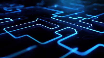 Futuristic blue circuit lines on geometric tech background, symbolizing digital innovation and advanced technology