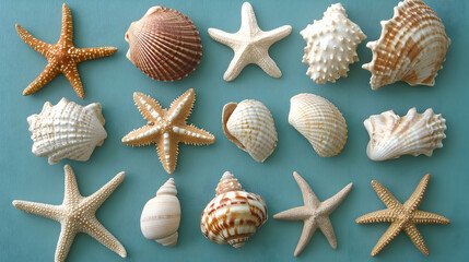 Seashells and starfish on blue background, summer decor