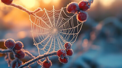 A close-up view of a delicate, frost-covered spiderweb glistening in the soft, morning light