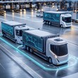 © Asimabbas - Autonomous cargo transport systems deploying driverless electric trucks, AI logistics routing, smart loading systems, real-time inventory management, delivery efficiency optimization