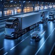 © Asimabbas - Autonomous cargo transport systems deploying driverless electric trucks, AI logistics routing, smart loading systems, real-time inventory management, delivery efficiency optimization