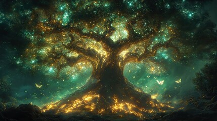 Wall Mural - a colossal, ancient tree with roots that delve deep into a subterranean cavern filled with glowing c