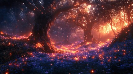 Wall Mural - a fantastical forest illuminated by glowing mushrooms and fireflies, with strange, mythical creature