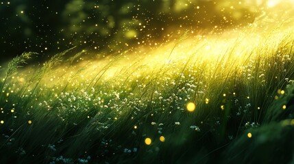 Wall Mural - a field of luminous chartreuse grass sways gently in the evening breeze, dotted with clusters of tin