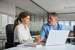 © insta_photos - Professional manager consulting corporate client using laptop. Two busy professional executive team business people working together on business finances analysis looking at computer at office meeting