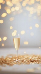 Poster - Vertical video of Champagne glass with sparkling drink or wine festive background, golden confetti, and bokeh lights creating celebratory atmosphere