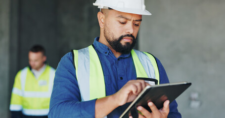 Poster - Building, serious and tablet with construction worker man on site for civil engineering or development. App, inspection and planning with developer person on worksite as project management supervisor
