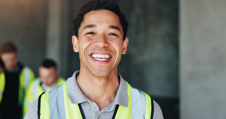 Poster - Man, portrait and contractor with smile for construction, industrial career and building renovation of development. Happy, architect and site inspection with maintenance for infrastructure project