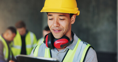 Poster - Building, hardhat and tablet with construction worker man on site for civil engineering or development. App, earmuffs and planning with happy developer person on location for project management