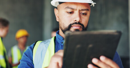 Poster - Building, civil engineering and tablet with construction worker man on site for development or inspection. App, floor plan and quality control with developer person on worksite for project management