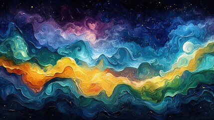 Wall Mural - abstract swirling patterns of vibrant blues, greens, and yellows intertwine, creating a sense of dyn