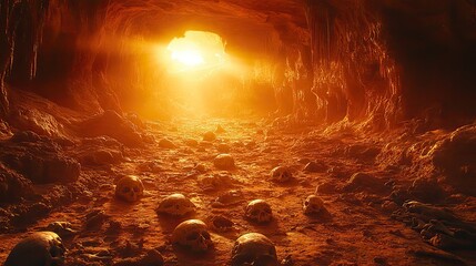 Wall Mural - amber light illuminates a collection of ancient fossils embedded in the walls of a deep canyon