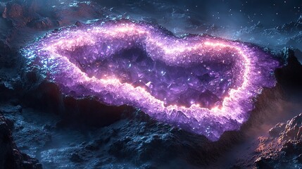 Wall Mural - amethyst light emanates from a large, geode-like formation embedded in the side of a mountain