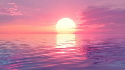 Wall Mural - A pink sunset sky with sun and calm rippled ocean water. Ideal for a serene backdrop, or feminine themed design.