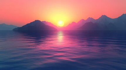 Wall Mural - Calm water reflects the vibrant colors of the sunset over the distant mountains. Ideal for conveying themes of peace, tranquility, or scenic beauty.