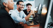 © peopleimages.com - Web developer, smile and team in office for software, system or website update launch at night. Deadline, happy programmer and backend engineer for company development, excited or project on laptop