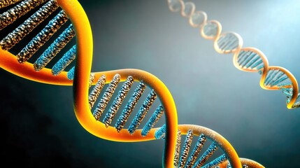 A digitally rendered close-up of a DNA double helix, highlighting genetic structure and molecular biology.