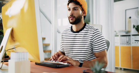 Fototapete - Creative, designer or man on computer in startup for artistic project, digital media or video editing. Producer, male editor or research for content creation, post production or filmmaking process