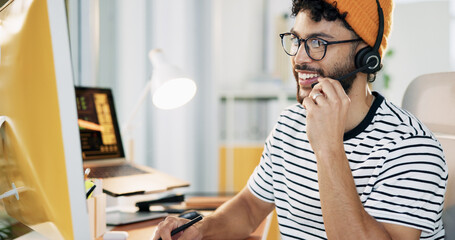 Aufkleber - Happy, agent and man with headset, consultation and communication with microphone and call center. Business, representative and person with advice for contact, talking and customer service for order