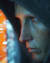 Leinwandbilder - Hacker in Hooded Sweatshirt Staring at Code on Screen, Representing Cybersecurity Threat and Digital Privacy Concerns for Technology and Data Protection : Generative AI