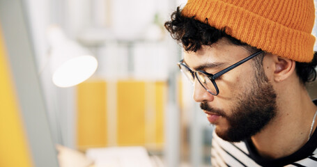 Aufkleber - Glasses, computer and planning with business man in office for graphic designer, digital media project and research. Website branding, content review and report with person in startup for publication